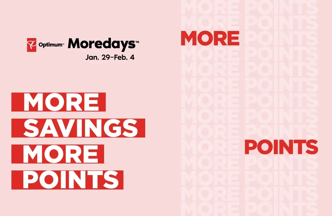 "More Savings More Points" runs down a pink background repeatedly underneath the official PC Optimum Moredays logo lockup.